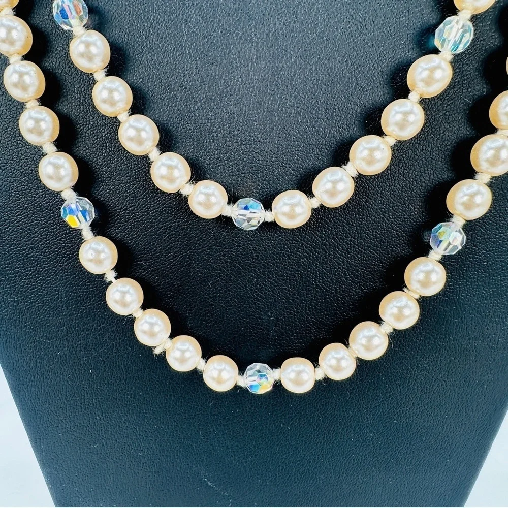 Vintage Glass Pearl Necklace Aurora Borealis Faceted Crystals Knotted Opera 52”